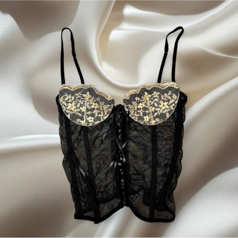 Marvel by La Perla‎ Black Mesh Corset Bustier 34 Made in Italy Lace Lingerie